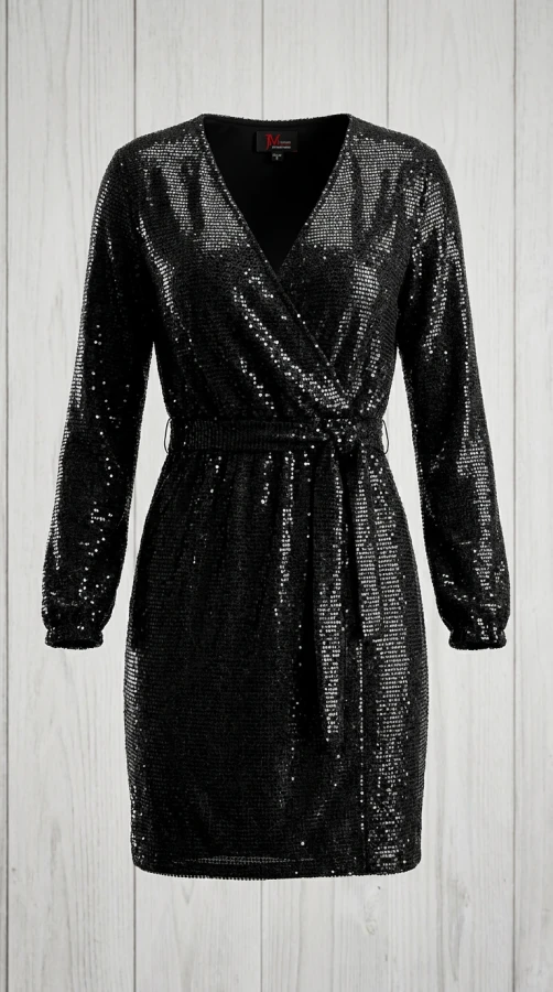 John Meyer Black Sequin Wrap Dress - Long Sleeve Cocktail Mini Dress, Size 8 (M)