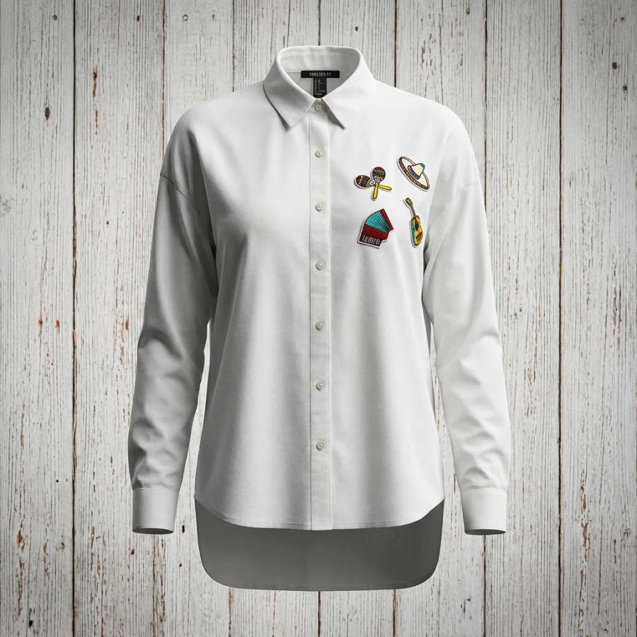 Forever 21 White Long Sleeve Button-Down Shirt with Fiesta Patches - Women's Size US (S)