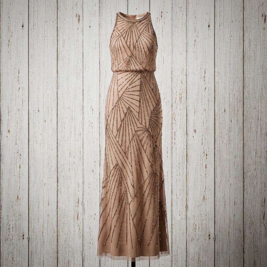 Jkara Champagne Nude Art Deco Beaded Evening Gown - High Neck Sequin Formal Maxi Dress, Size 6 (M)