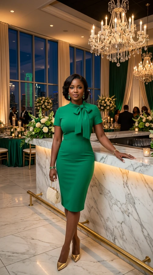 Shelby & Palmer Emerald Green Bow Neck Sheath Dress - Elegant Short Sleeve Cocktail & Workwear Midi - Size 10 (M)