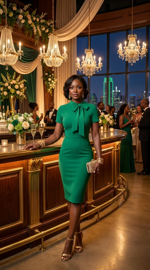 Shelby & Palmer Emerald Green Bow Neck Sheath Dress - Elegant Short Sleeve Cocktail & Workwear Midi - Size 10 (M)