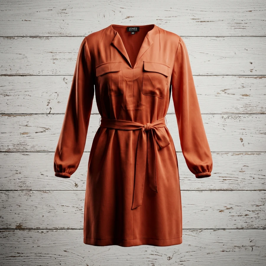 Jones New York Rust Orange Satin Utility Shirt Dress - Size 4 (M) - Long Sleeve & Belted