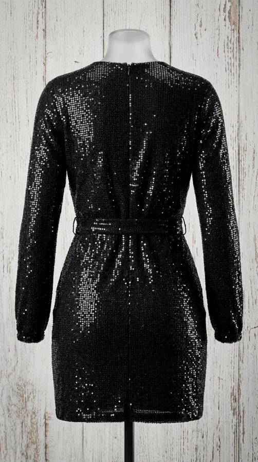 John Meyer Black Sequin Wrap Dress - Long Sleeve Cocktail Mini Dress, Size 8 (M)