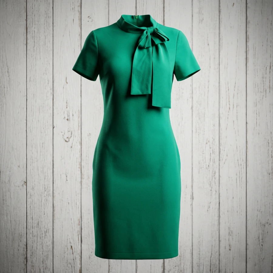 Shelby & Palmer Emerald Green Bow Neck Sheath Dress - Elegant Short Sleeve Cocktail & Workwear Midi - Size 10 (M)